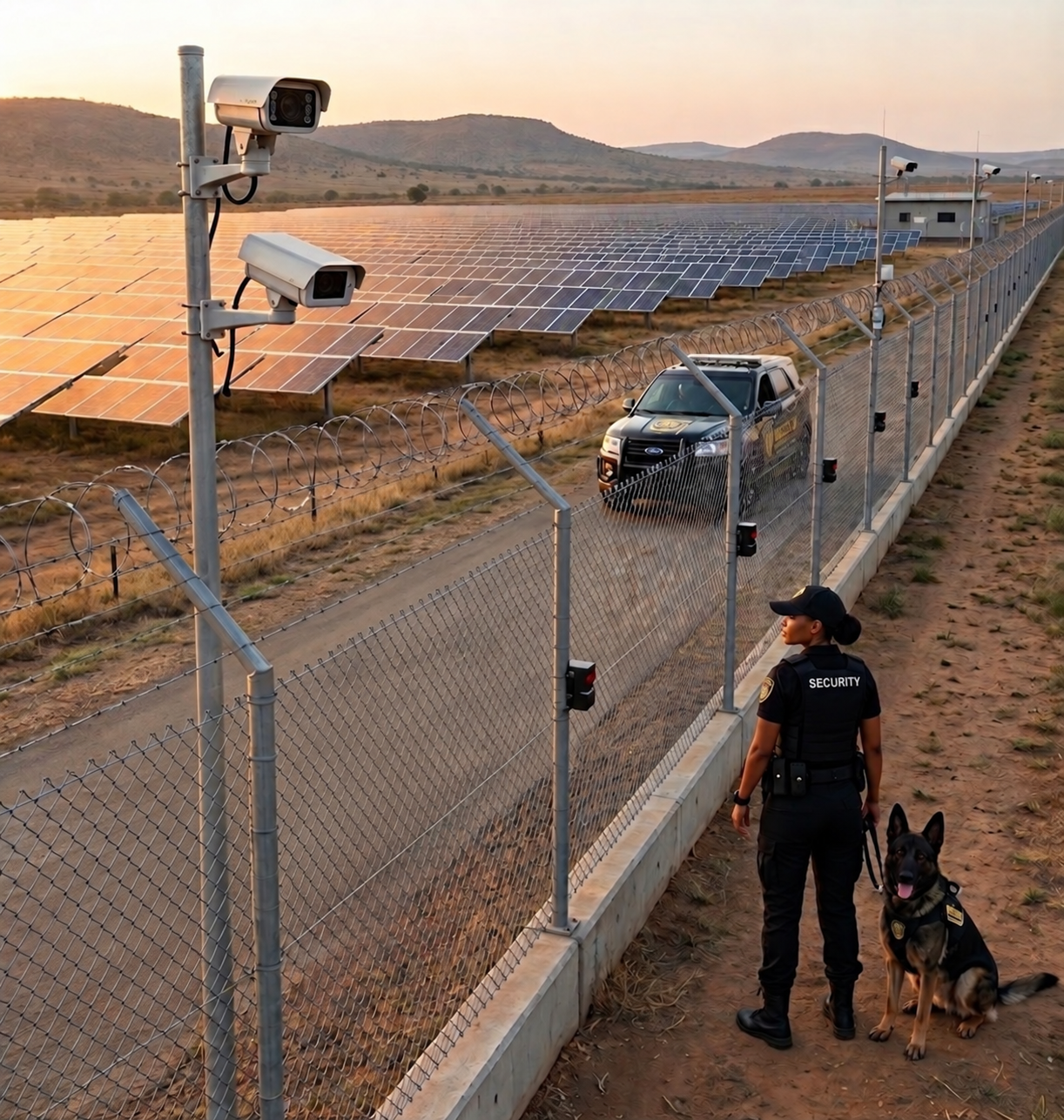 Security patrol and surveillance protecting a solar energy site